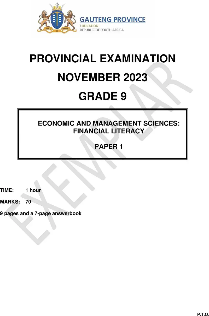 Grade 9 Provincial Exam Economics Management And Sciences P1 Ng November 2023 QP