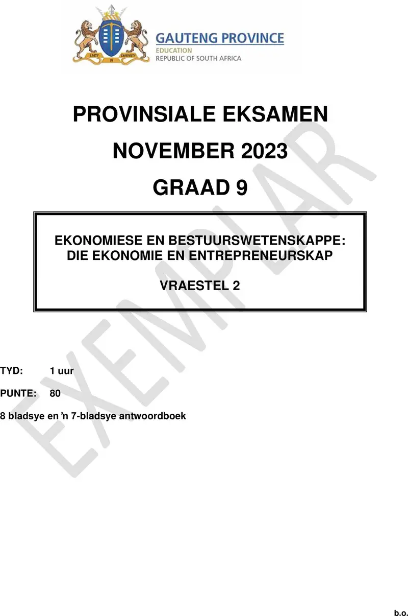 Grade 9 Economics Management And Science past paper 2023 – grade 9 provincial exam economics management and sciences p2 afr november 2023 qp