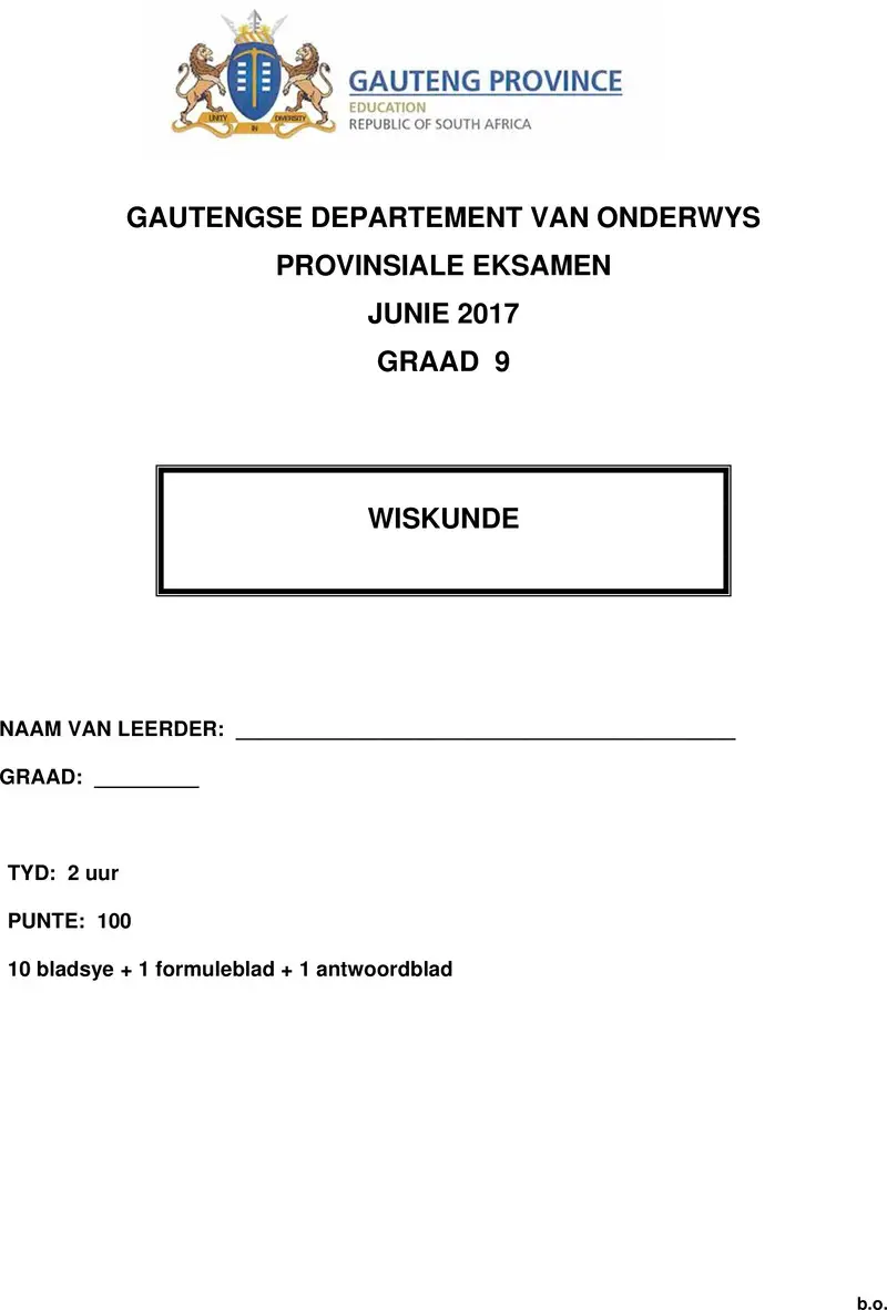 Grade 9 Provincial Exam Mathematics Afr June 2017 QP