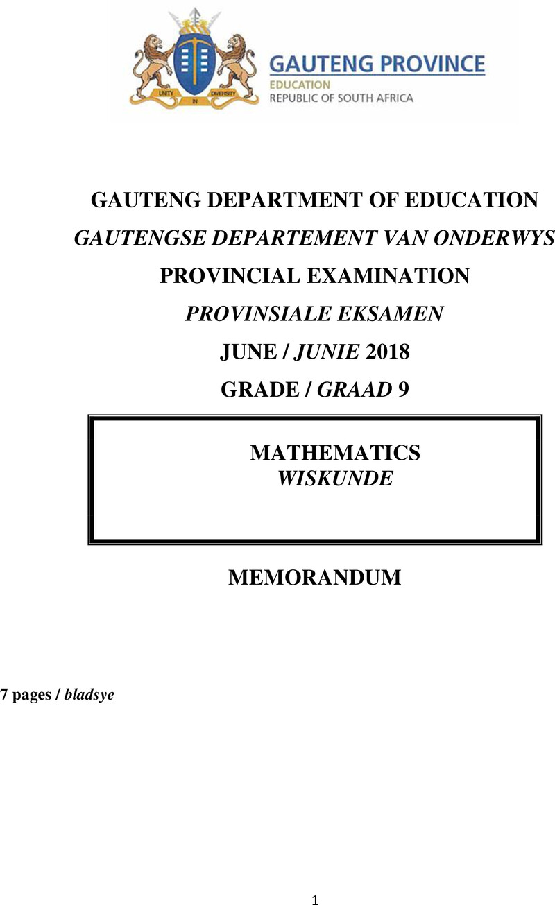 Grade 9 Provincial Exam Mathematics Ng And Afr June 2018 Possible Answers