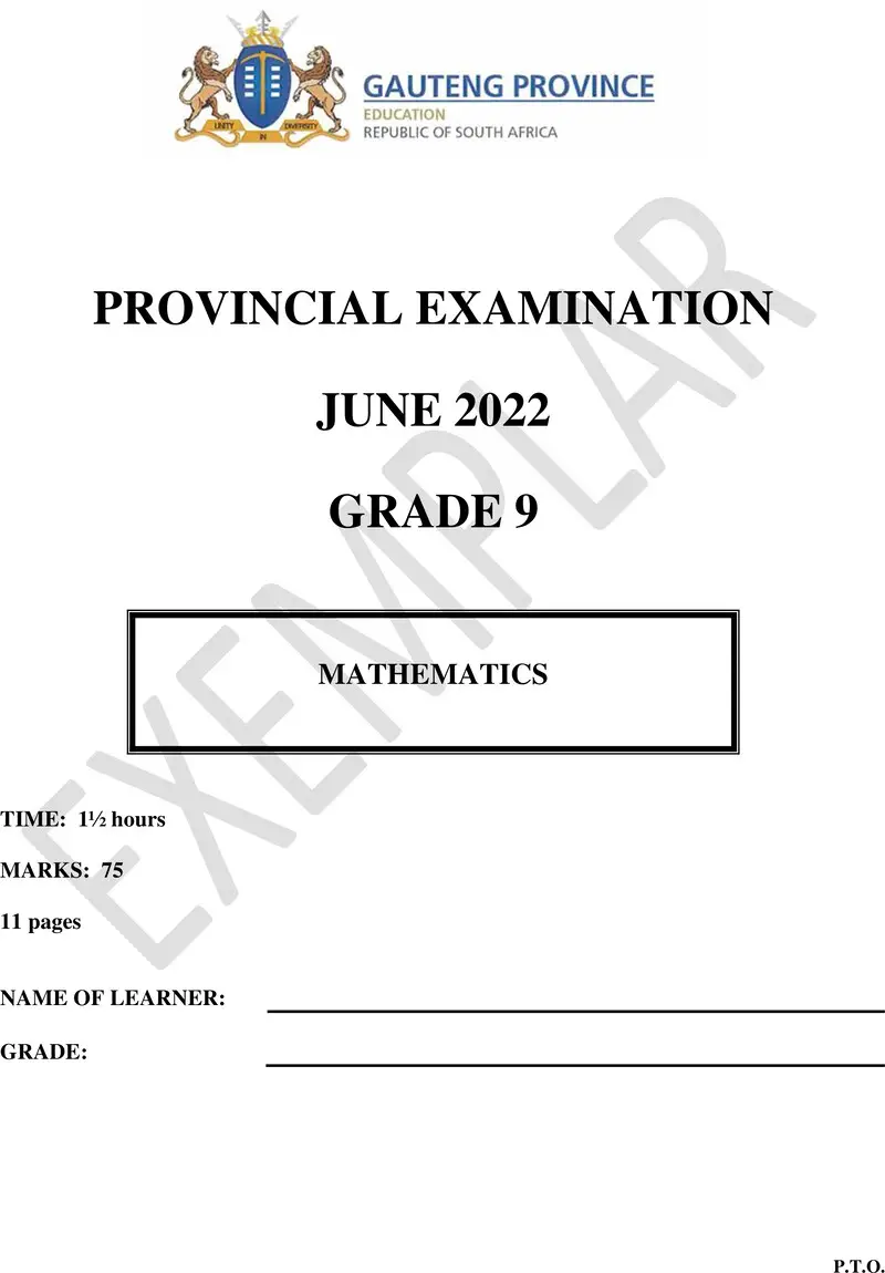 Grade 9 Mathematics past paper 2022 – grade 9 provincial exam mathematics ng june 2022 qp