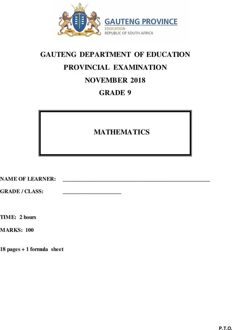 Grade 9 Mathematics past paper 2018 – grade 9 provincial exam mathematics ng november 2018 qp