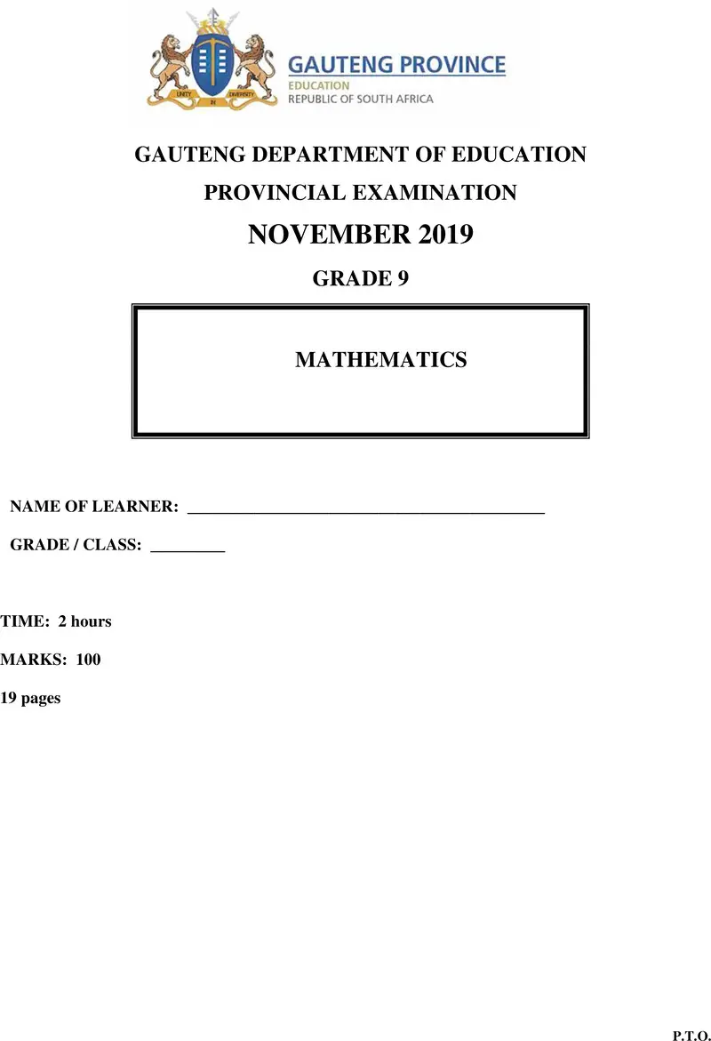 Grade 9 Mathematics past paper 2019 – grade 9 provincial exam mathematics ng november 2019 qp