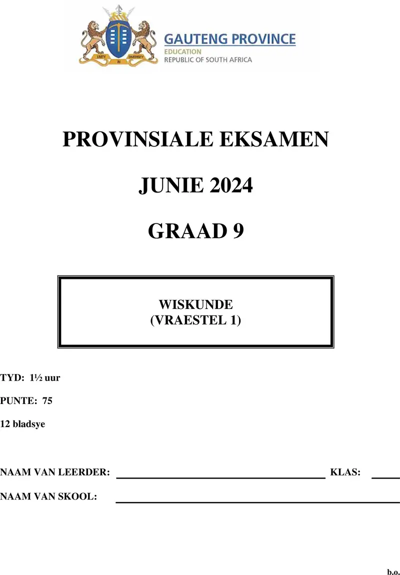 Grade 9 Mathematics past paper 2024 – grade 9 provincial exam mathematics p1 afr june 2024 qp