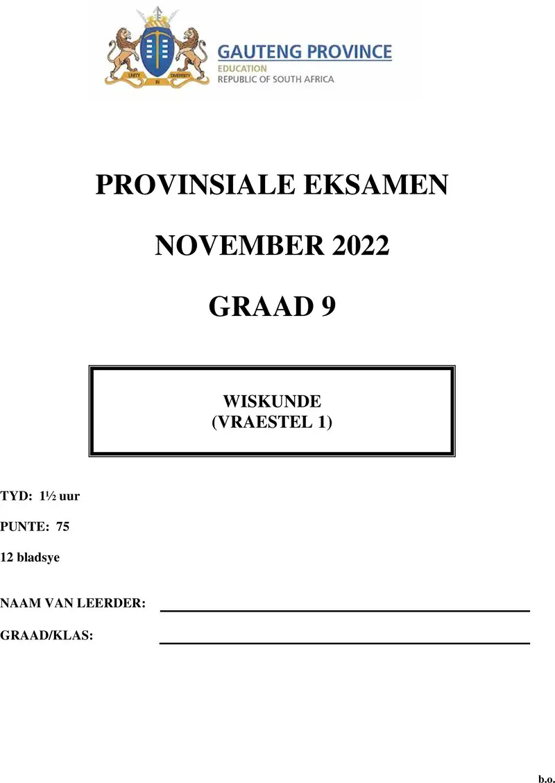 Grade 9 Mathematics past paper 2022 – grade 9 provincial exam mathematics p1 afr november 2022 qp