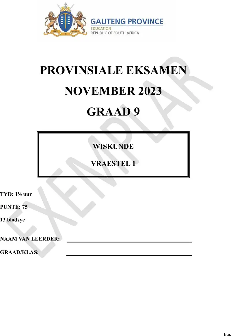 Grade 9 Mathematics past paper 2023 – grade 9 provincial exam mathematics p1 afr november 2023 qp