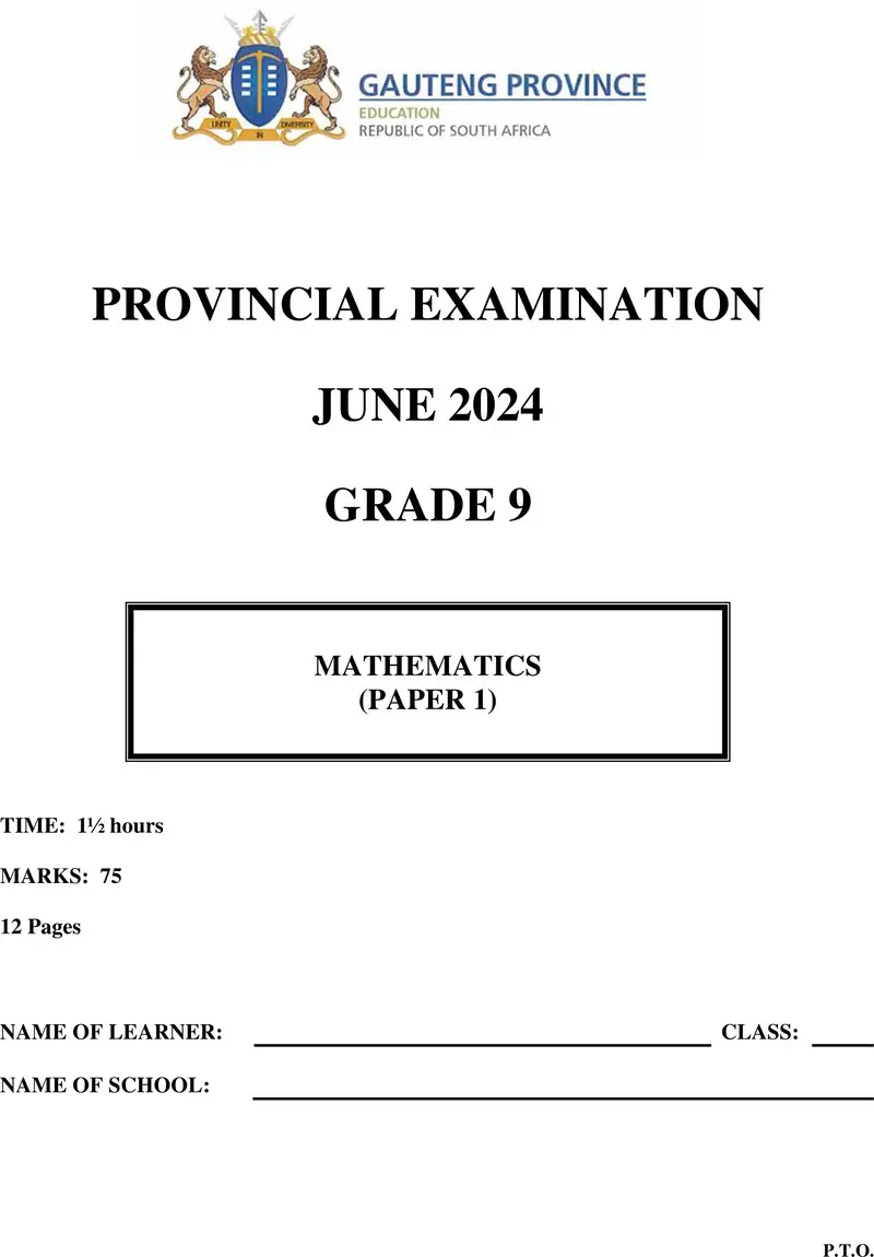 Grade 9 Mathematics past paper 2024 – grade 9 provincial exam mathematics p1 ng june 2024 qp
