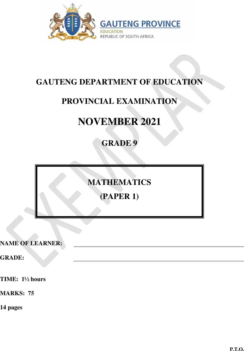 Grade 9 Provincial Exam Mathematics P1 Ng November 2021 QP
