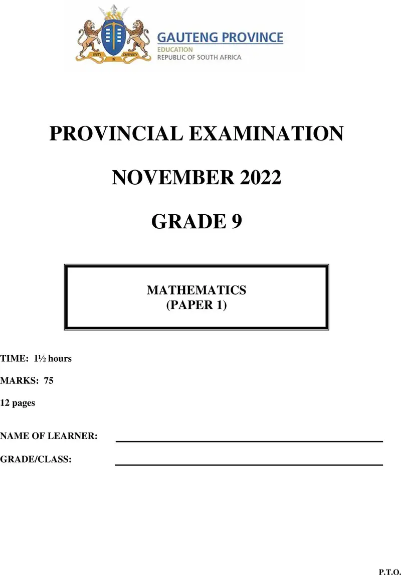 Grade 9 Provincial Exam Mathematics P1 Ng November 2022 QP