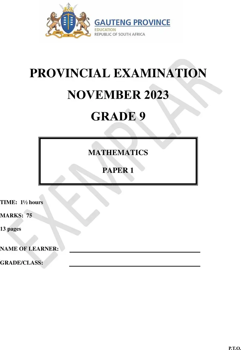 Grade 9 Provincial Exam Mathematics P1 Ng November 2023 QP