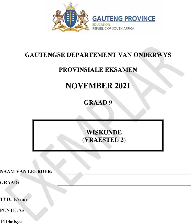Grade 9 Provincial Exam Mathematics P2 Afr November 2021 QP