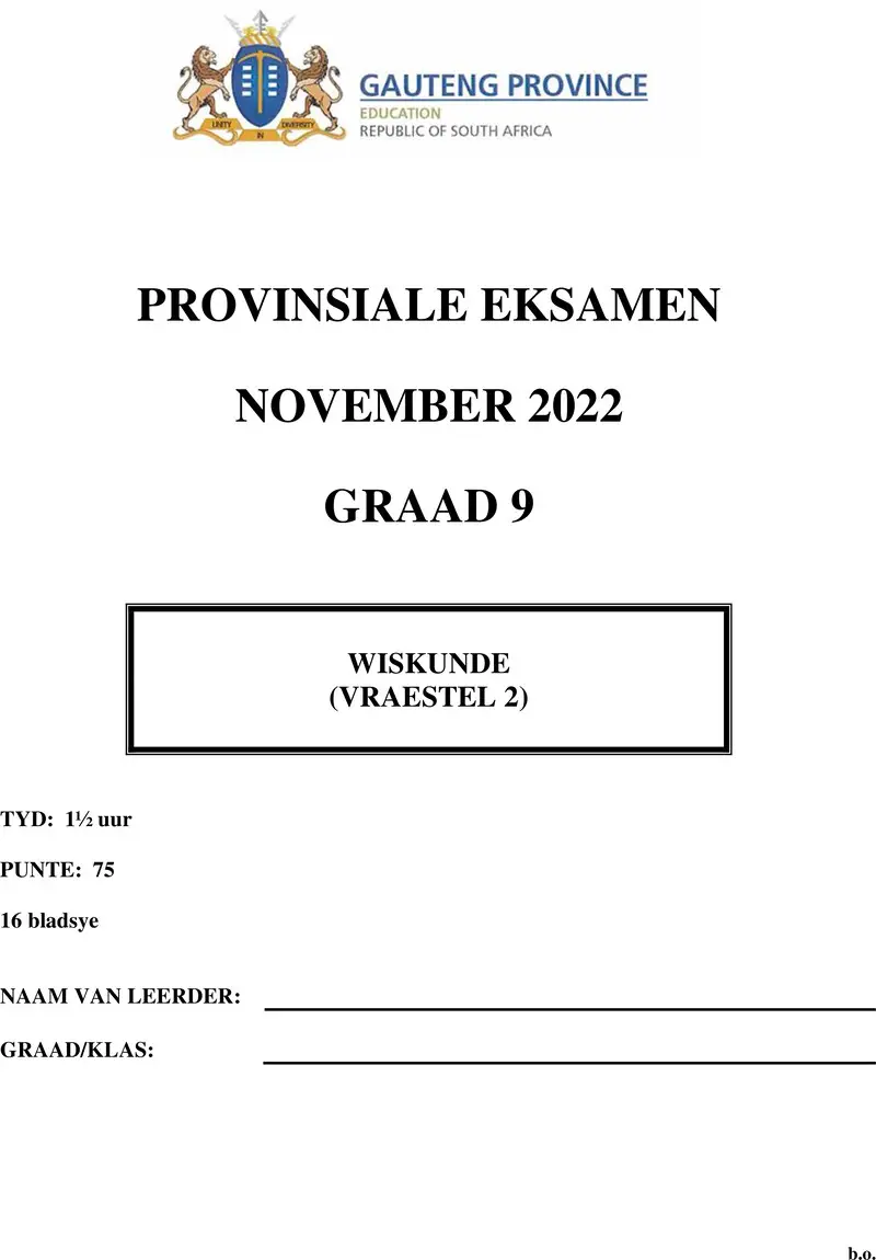 Grade 9 Mathematics past paper 2022 – grade 9 provincial exam mathematics p2 afr november 2022 qp