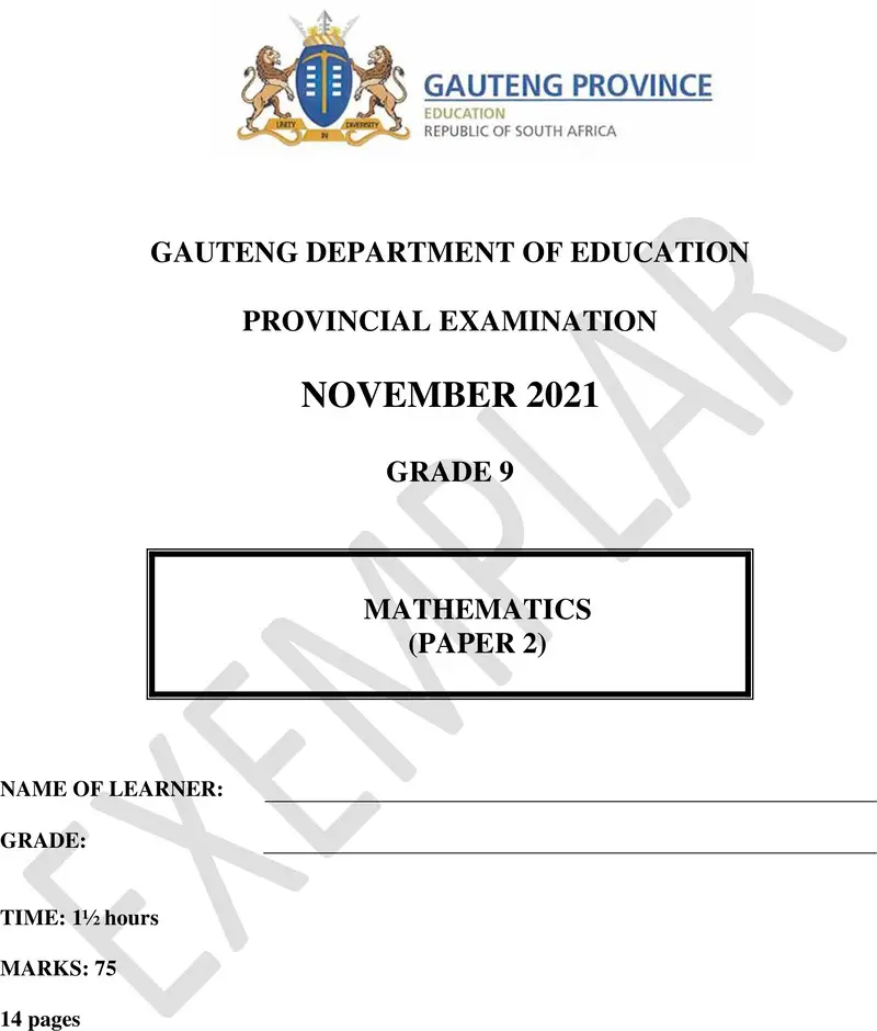 Grade 9 Mathematics past paper 2021 – grade 9 provincial exam mathematics p2 ng november 2021 qp