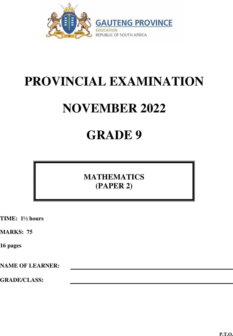 Grade 9 Mathematics past paper 2022 – grade 9 provincial exam mathematics p2 ng november 2022 qp