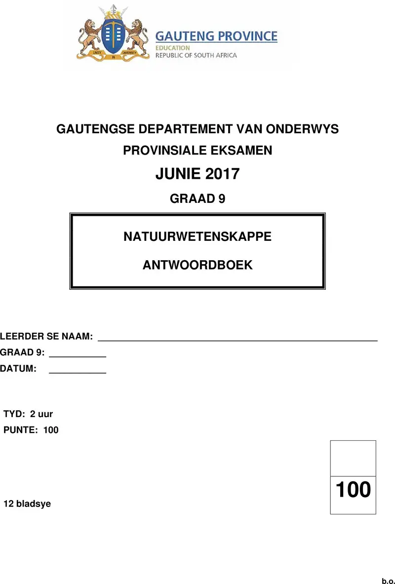 Grade 9 Provincial Exam Natural Sciences Afr June 2017 Possible Answer