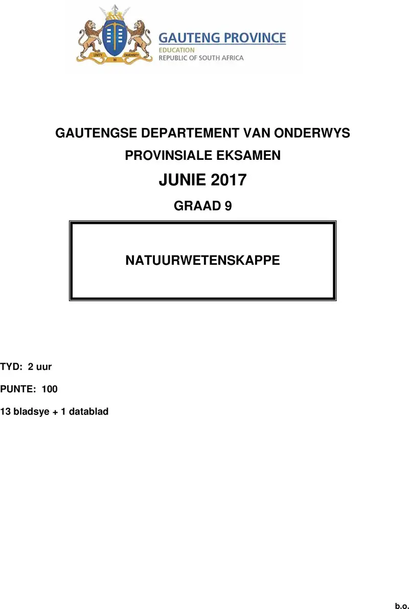 Grade 9 Provincial Exam Natural Sciences Afr June 2017 QP