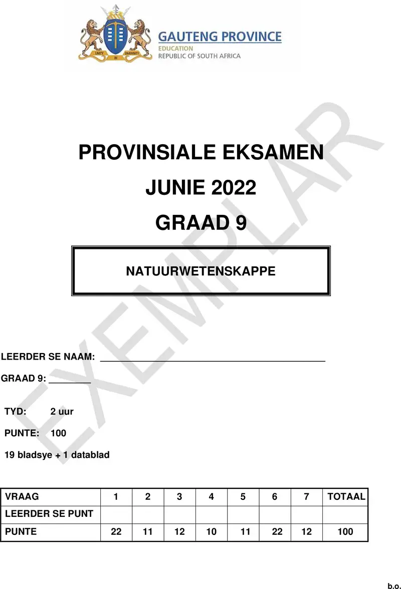 Grade 9 Provincial Exam Natural Sciences Afr June 2022 QP
