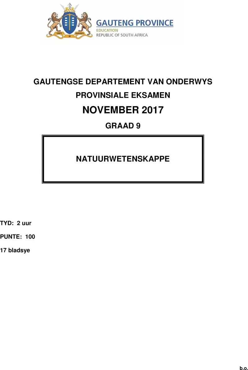 Grade 9 Provincial Exam Natural Sciences Afr November 2017 QP