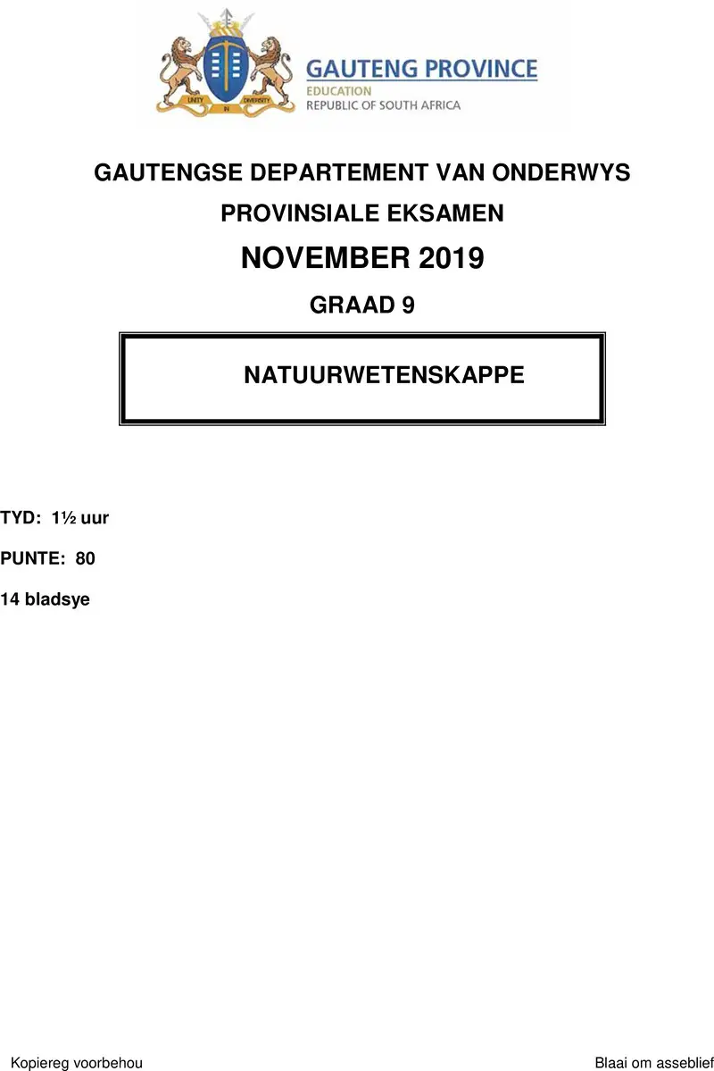 Grade 9 Provincial Exam Natural Sciences Afr November 2019 QP