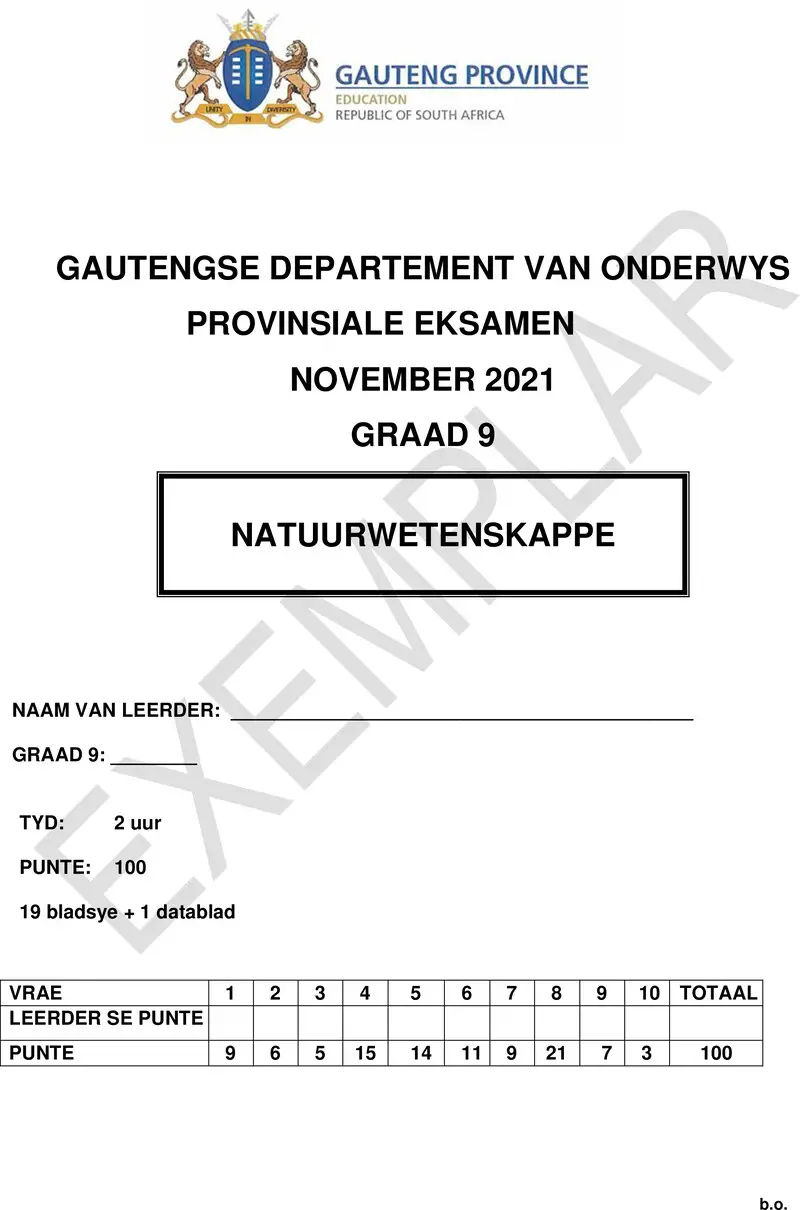 Grade 9 Provincial Exam Natural Sciences Afr November 2021 QP