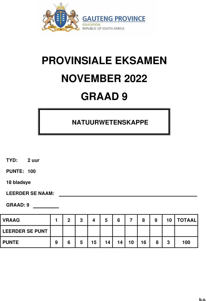 Grade 9 Natural Science past paper 2022 – grade 9 provincial exam natural sciences afr november 2022 qp
