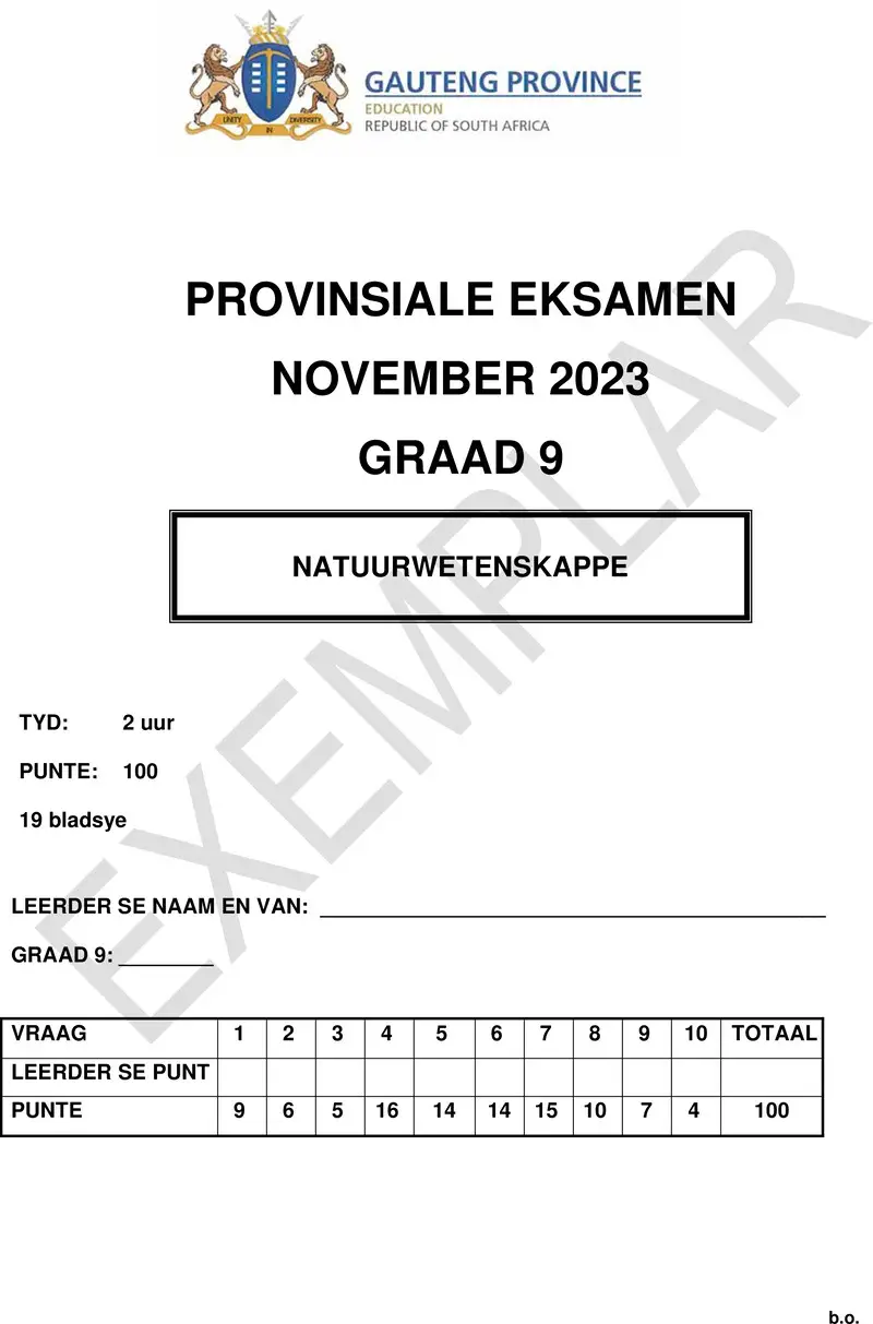 Grade 9 Provincial Exam Natural Sciences Afr November 2023 QP