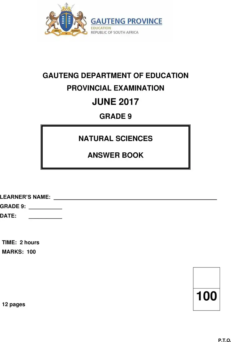 Grade 9 Provincial Exam Natural Sciences Ng June 2017 Possible Answer
