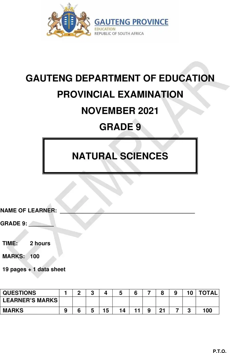 Grade 9 Provincial Exam Natural Sciences Ng November 2021 QP