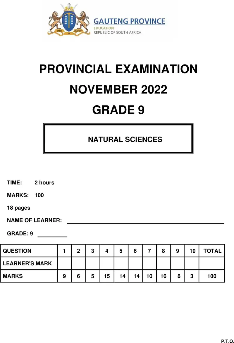 Grade 9 Natural Science past paper 2022 – grade 9 provincial exam natural sciences ng november 2022 qp