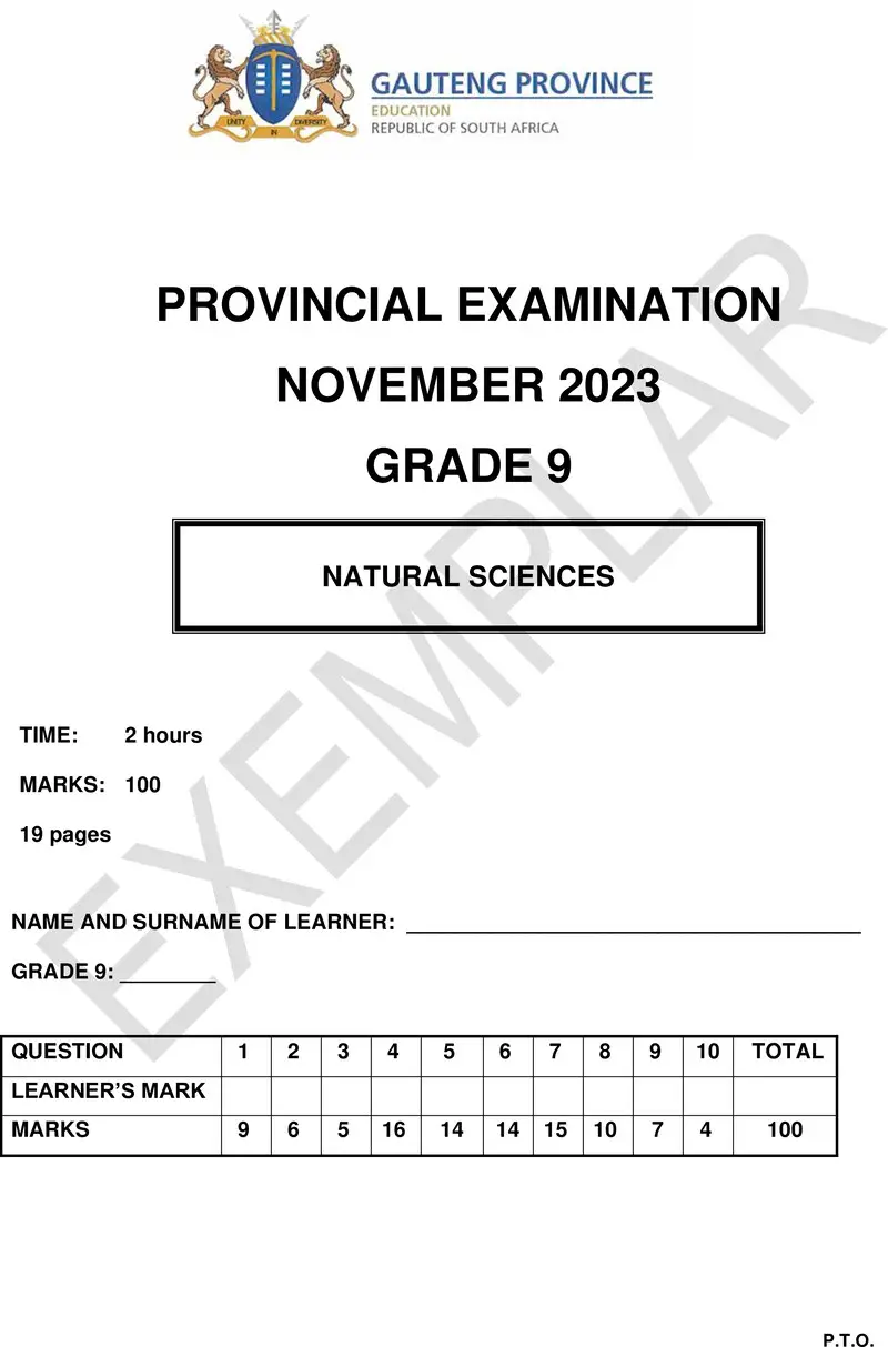 Grade 9 Natural Science past paper 2023 – grade 9 provincial exam natural sciences ng november 2023 qp