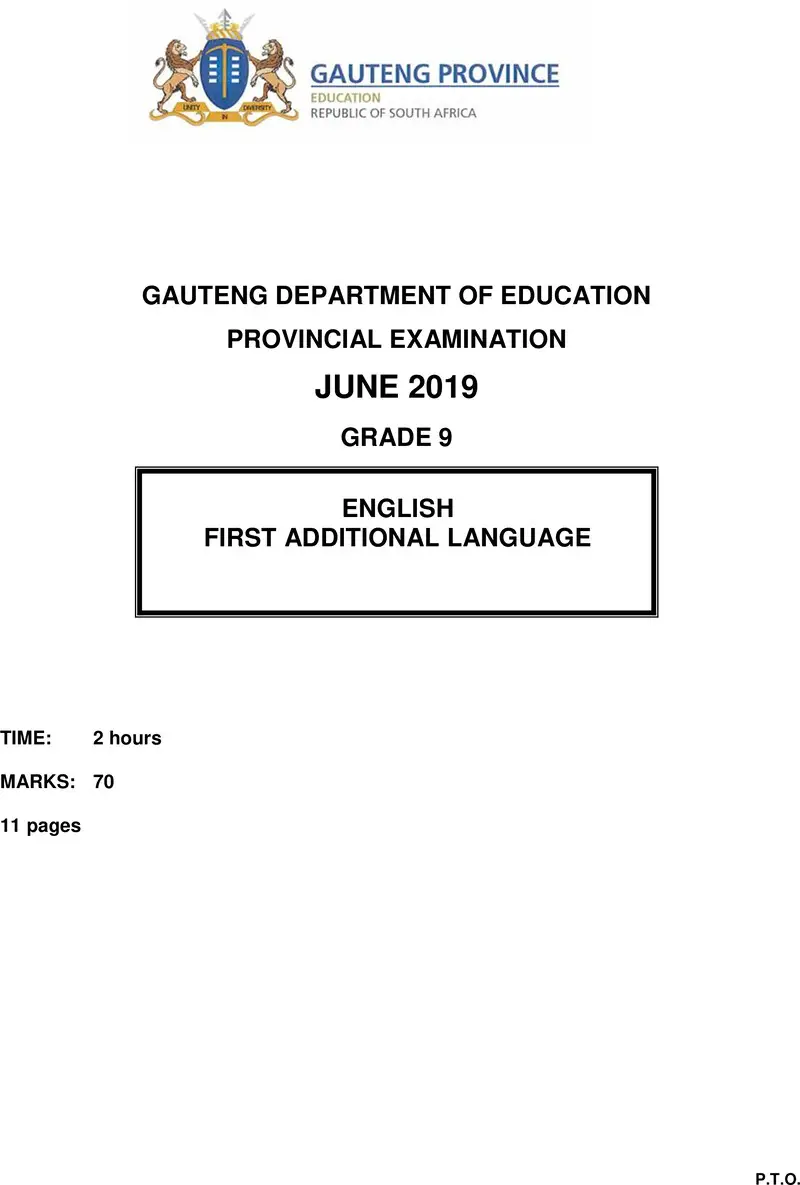 Grade 9 Provincial Exam Ng First Additional Language June 2019 QP