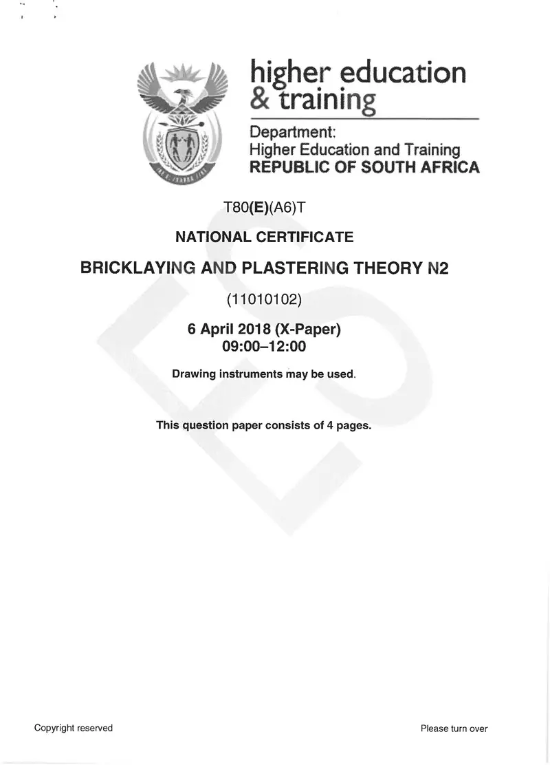 Bricklaying And Plastering N2 Exam Paper 1 2018