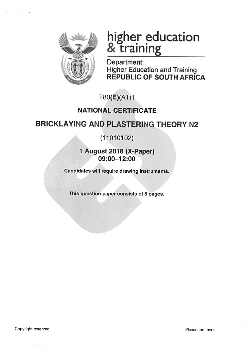 Bricklaying And Plastering N2 Exam Paper 2 2018