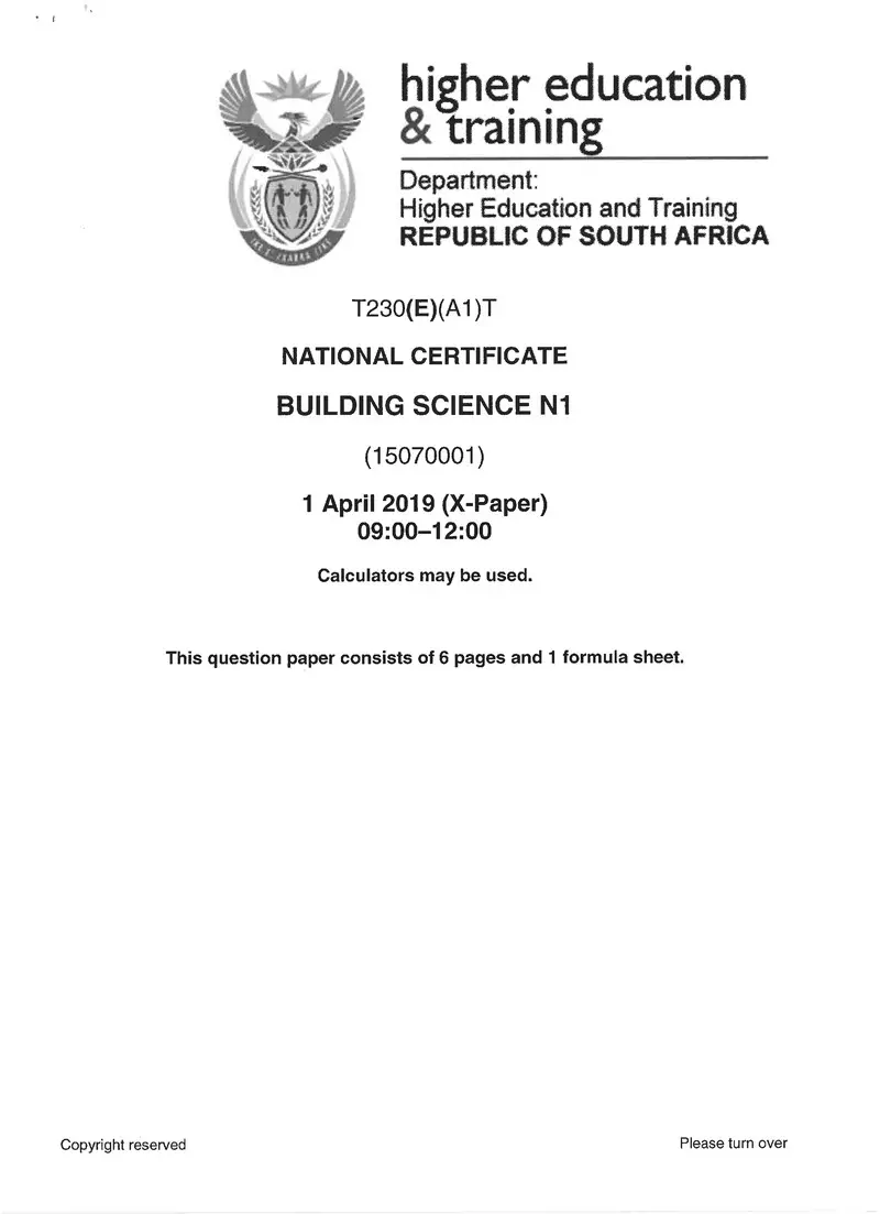 Building Science N1 Exam Paper 1 2019