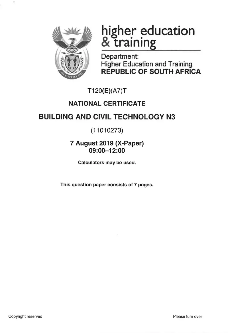 Building And Civil Technology N3 Exam Paper 2 2019