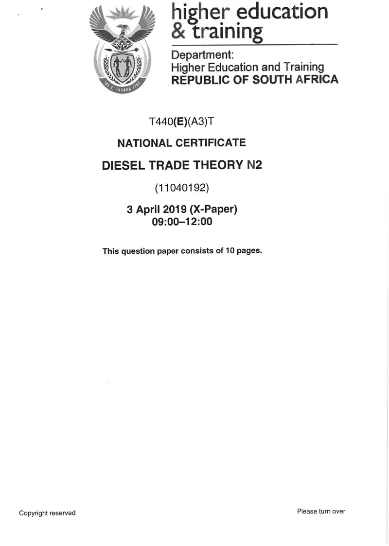 Diesel Trade Theory N2 Exam Paper 1 2019