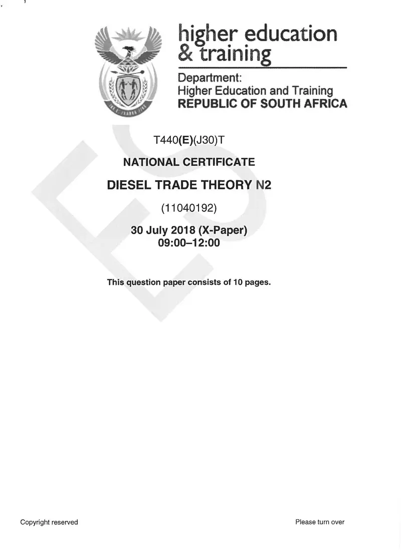 Diesel Trade Theory N2 Exam Paper 2 2018
