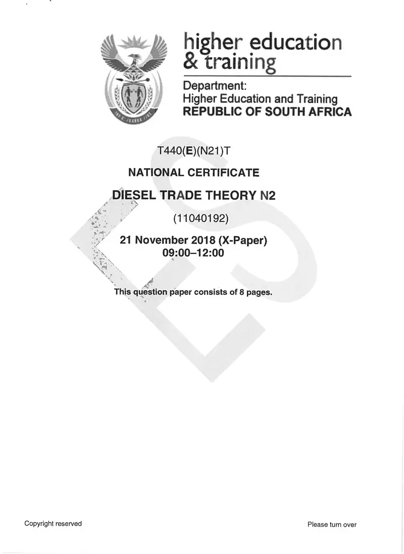 Diesel Trade Theory N2 Exam Paper 3 2018