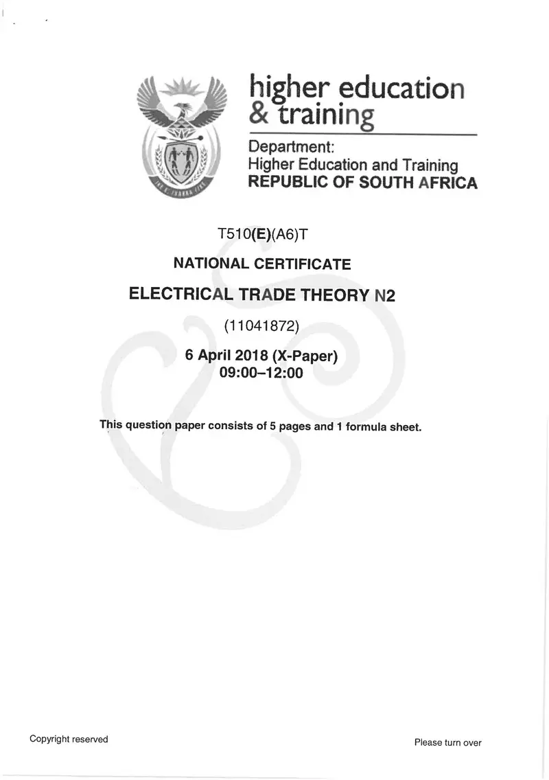 Electrical Trade Theory N2 Exam Paper 1 2018