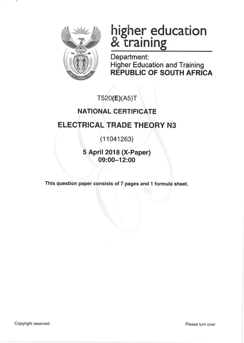 Electrical Trade Theory N3 Exam Paper 1 2018