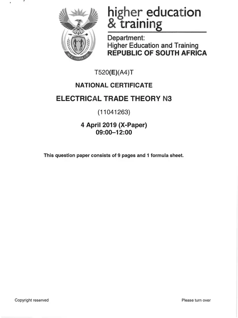 Electrical Trade Theory N3 Exam Paper 1 2019