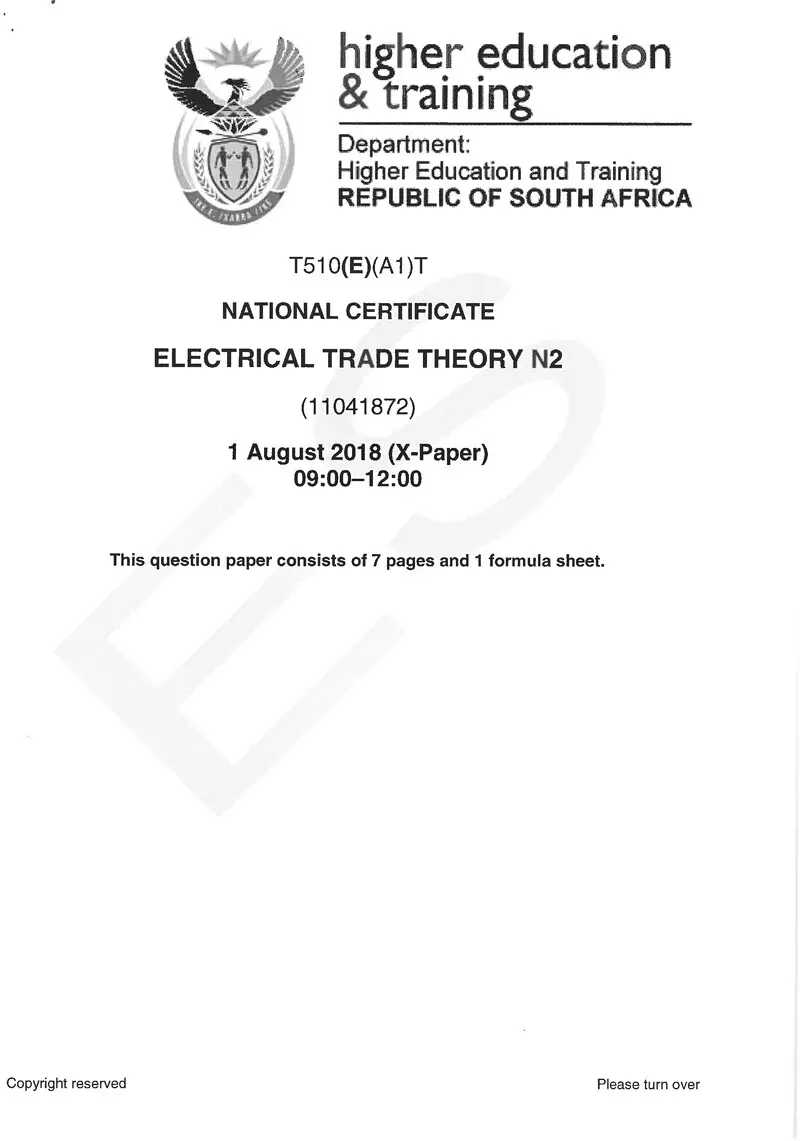 Electtrical Trade Theory N2 Exam Paper 2 2018