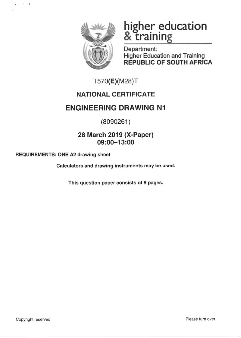 Engineering Drawing N1 Exam Paper 1 2019