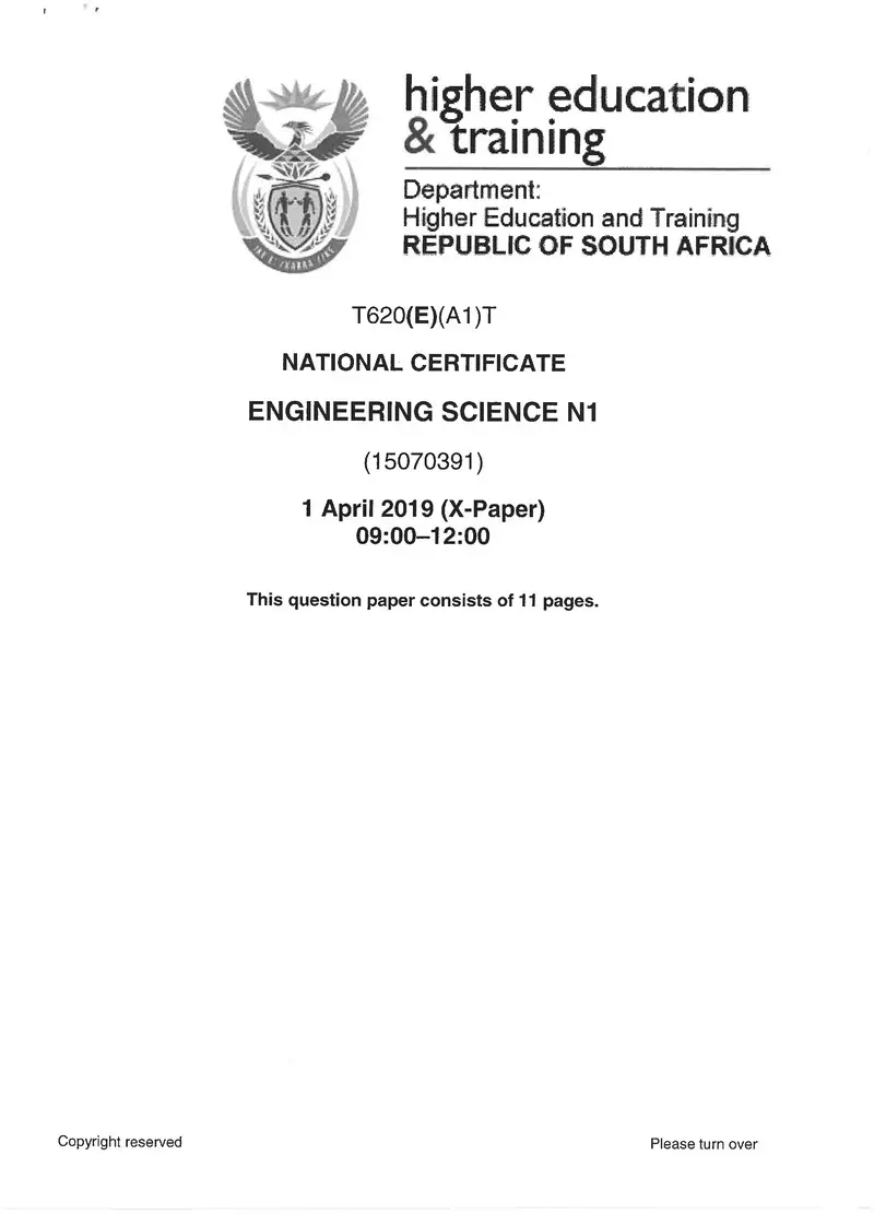 Engineering Science N1 Exam Paper 1 2019