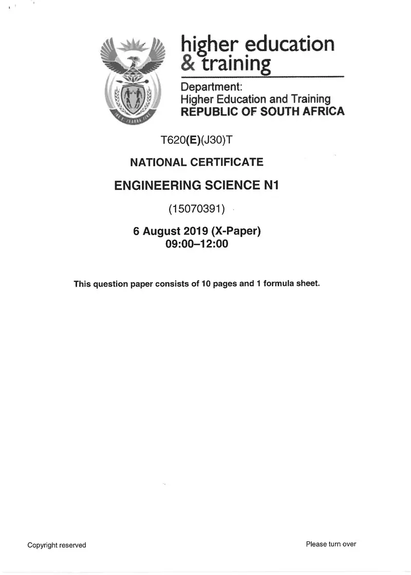 Engineering Science N1 Exam Paper 2 2019