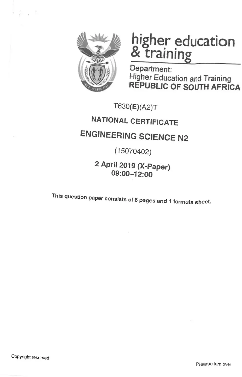 Engineering Science N2 Exam Paper 1 2019