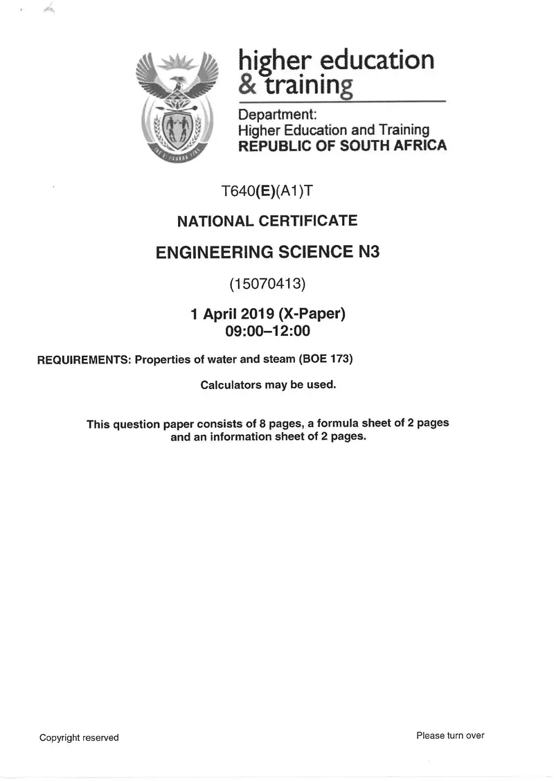 Engineering Science N3 Exam Paper 1 2019