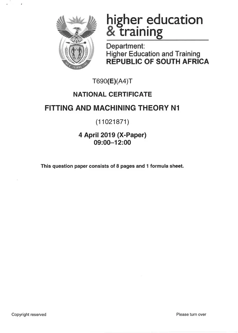 And Machining Theory N1 Exam Paper 1 2019 preview