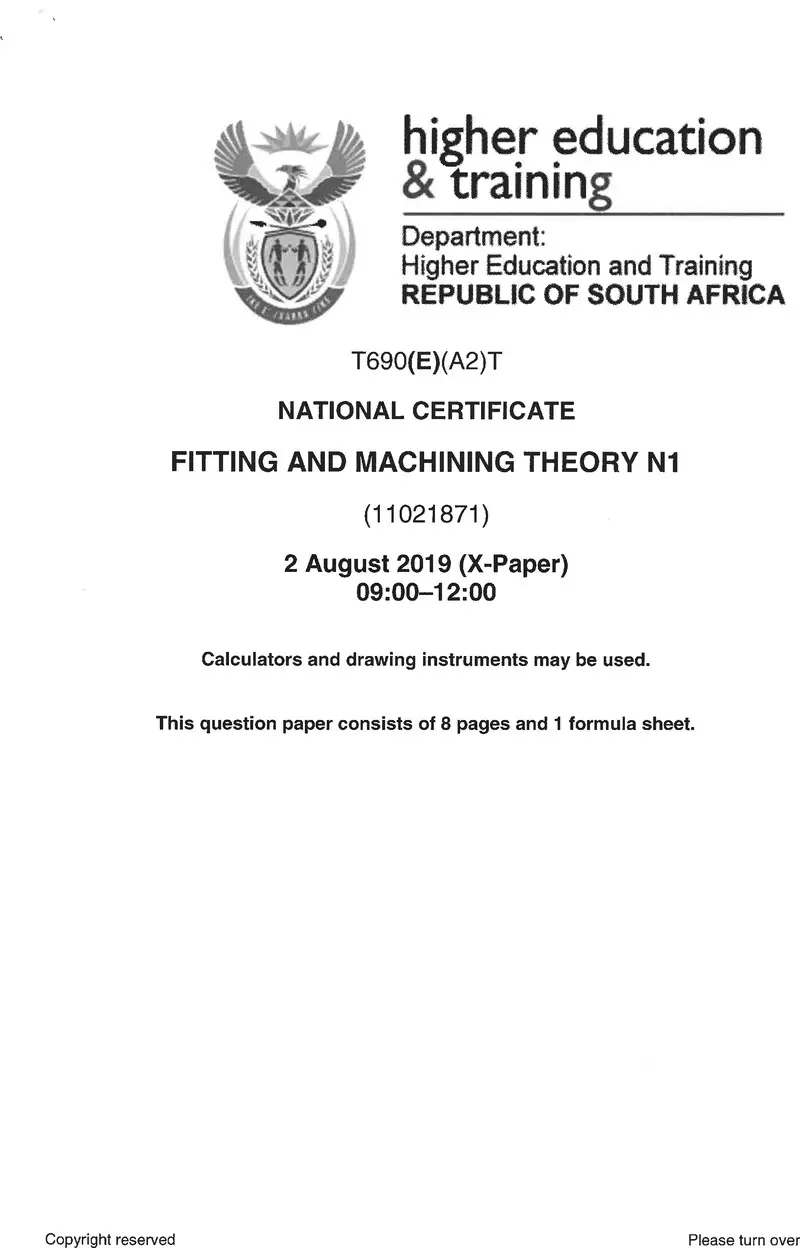 And Machining Theory N1 Exam Paper 2 2019 preview