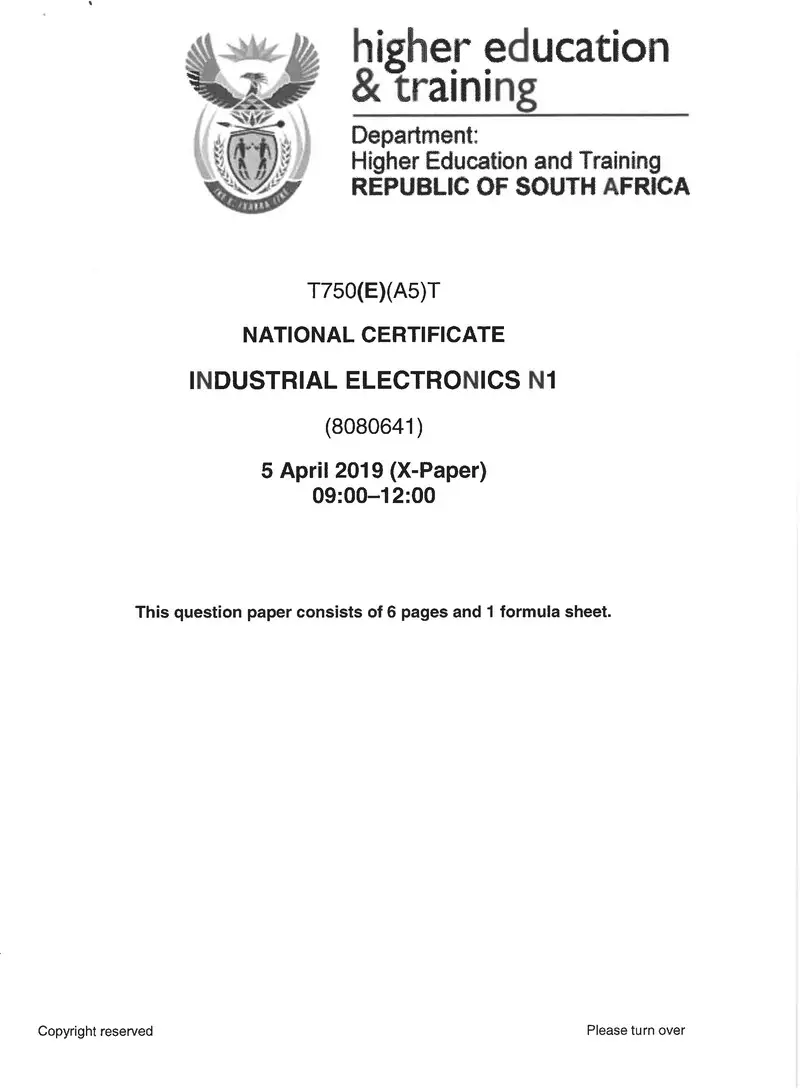 Industrial Electronics N1 Exam Paper 1 2019